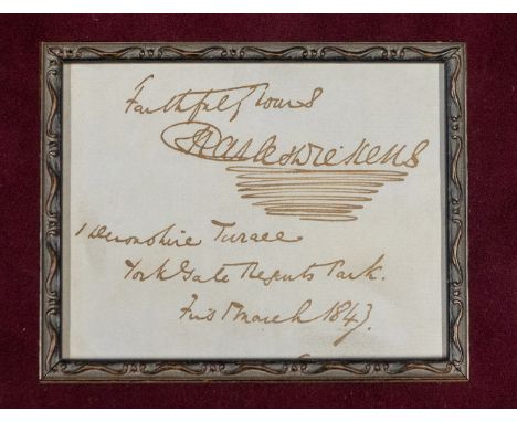 Charles Dickens (1812-1870). Autograph note signed on addressed leaf, 1 Devonshire Terrace, York Gate Regents Park, 1 March 1