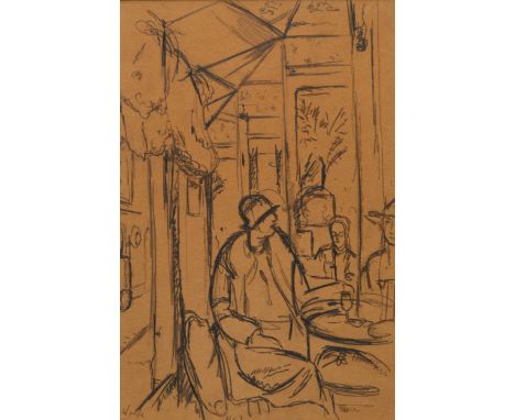 Edward Wolfe,&nbsp;South African/British 1897-1982 -&nbsp;Caf&eacute; interior;&nbsp;crayon and ink on paper, signed lower le