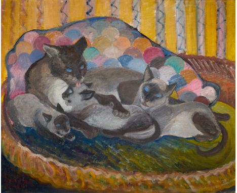 Orovida Camille Pissarro,&nbsp;British 1893&ndash;1968 -&nbsp;Siamese cat and kittens, 1961;&nbsp;oil on canvas, signed and d