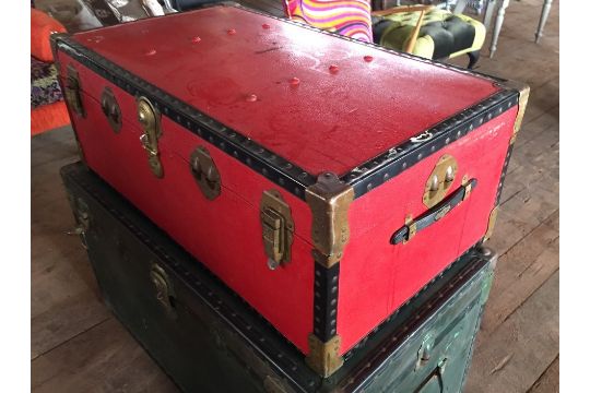 1 X Large Vintage Overpond Steamer Trunk Chest In Red