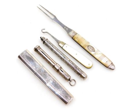 A group of small silver, comprising a George III silver toothpick case, with bright cut decoration, Birmingham 1791, two silv