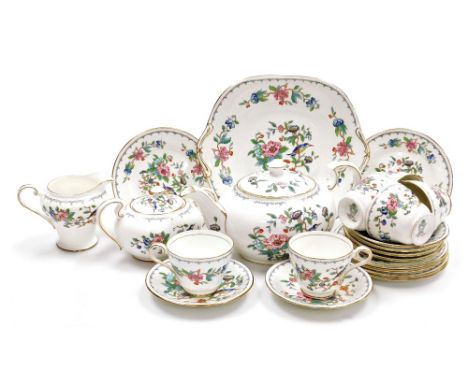 An Aynsley porcelain part tea service decorated in the Pembroke pattern, comprising teapot, cream jug, sucrier, bread plate, 