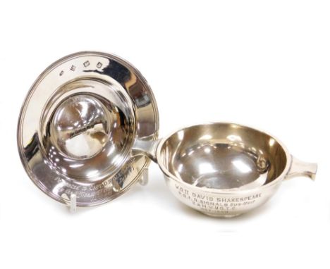 An Elizabeth II Scottish silver quaich, of plain form with presentation inscription 'W. O. II David Shakespeare P. S. I. R. S