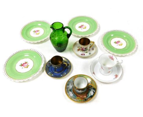 A group of late 19thC Continental porcelain cabinet cups and saucers, four New Chelsea tea plates, and a Victorian green glas