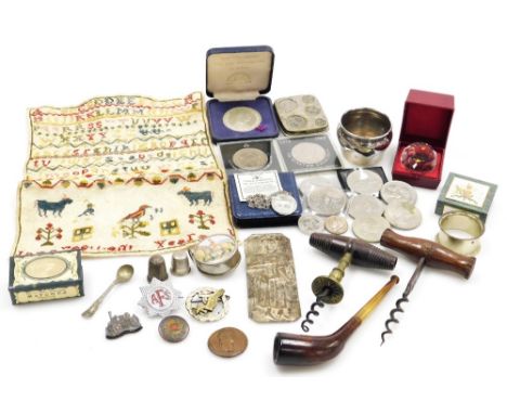 Various bygones and collectables, commemorative crowns, an Earl Mountbatten of Burma token, a 19thC alphabetic sampler (Jane 