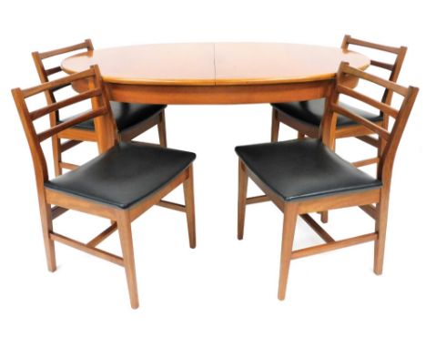 A 1960's teak dining suite, by A and FH Limited, the oval draw leaf dining table raised on turned legs, 74cm high, 146cm wide