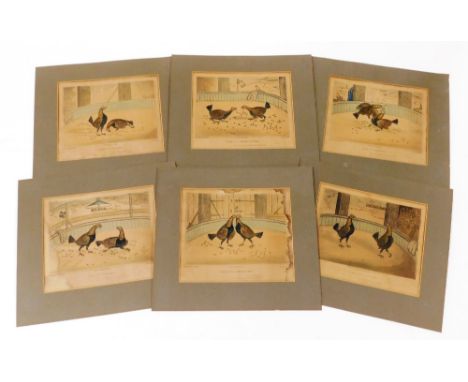 After C R Stock. 19thC cock fighting prints, plates 1-6, A Start, Getting to Work, Business, Fast Locked, One Down, and Victo
