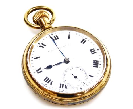 A Record Dreadnought gold plated gentleman's gold plated pocket watch, open faced, keyless wind, circular enamel dial bearing