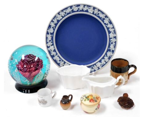 A group of ceramics and porcelain, including a Caithness First Love paperweight, limited edition 341/650, Royal Worcester blu