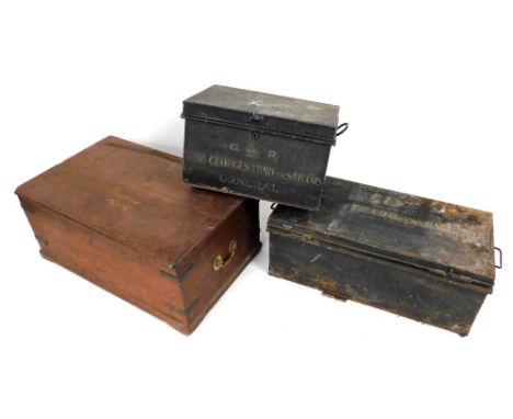 Two military tin trunks, one named for King George's Fund for Sailors General, 31cm high, 51cm wide, 37cm deep, the other tru