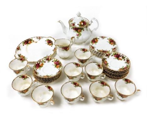 A Royal Albert porcelain part tea service, decorated in the Old Country Roses pattern, comprising teapot, cream jug, bread pl