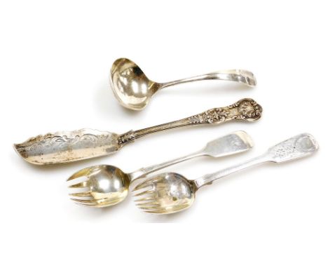 A group of small silver, comprising a Victorian silver runcible, with bright cut and floral decoration to bowl, London 1866, 