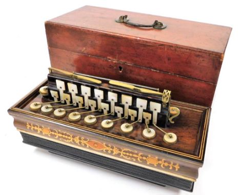 A 19thC French Flutina accordion, by Busson, Paris, with inlaid rosewood case, printed paper bellows and mother of pearl keys
