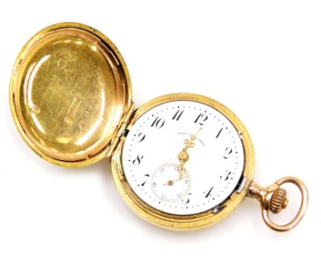 A late 19thC Union Horlogere 14ct gold cased lady's hunter pocket watch, circular enamel dial bearing Arabic numerals, subsid