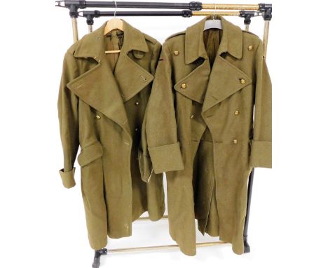 Two World War II British officer's great coats, Royal Artillery and Royal Indian Army, size unknown.