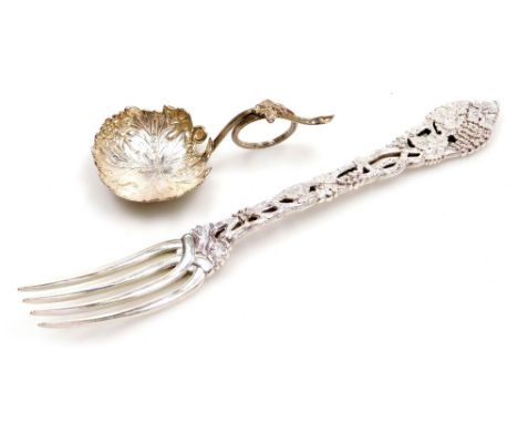 An Edward VII silver decorative fork, with elaborate cast and pierced vine decorated handle, Dobson &amp; Sons (Thomas Willia