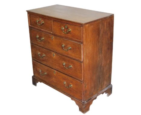 A 19thC oak chest of drawers, with a moulded top above two short and three long drawers, on bracket feet, 95cm high, 87cm wid
