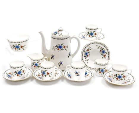 A Shelley porcelain part coffee service decorated in the Chelsea pattern, comprising coffee pot, cream jug, sugar bowl, six d