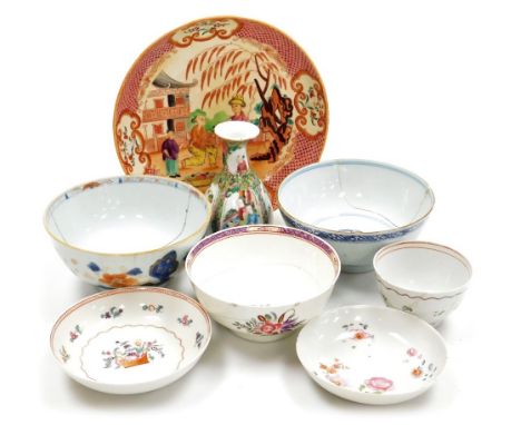 A group of late 18thC and later Chinese and chinoiserie teawares, including a tea bowl and saucers, further bowls and a dish.