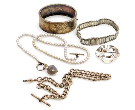 A group of silver jewellery, comprising a curb link watch Albert chain, with lobster claw clasp and T bar as fitted, a brooch