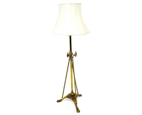 A Victorian brass and copper gasolier standard lamp, converted to electricity, with a white shade, 149cm high. 