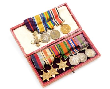 A group of World War I miniature medals, comprising OBE military, Great War and Victory Medals, with oak leaf, and a Special 