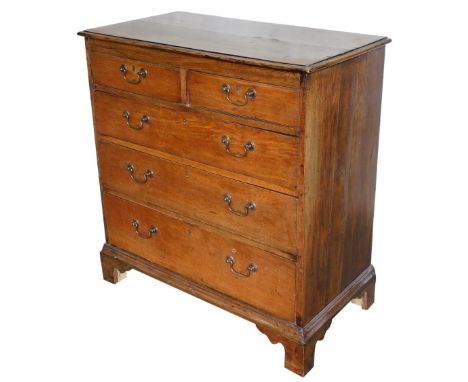 A 19thC oak chest of drawers, with a moulded top above two short and three long drawers, on bracket feet, 97cm high, 93cm wid