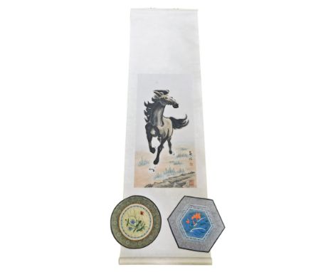 A Chinese scroll painting of a horse, signed, 158cm high, together with a silk work roundel, embroidered with a butterfly and