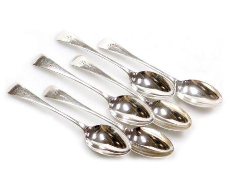 A set of six Victorian silver Old English pattern dessert spoons, each with engraved initial R to handle and leaf decoration,