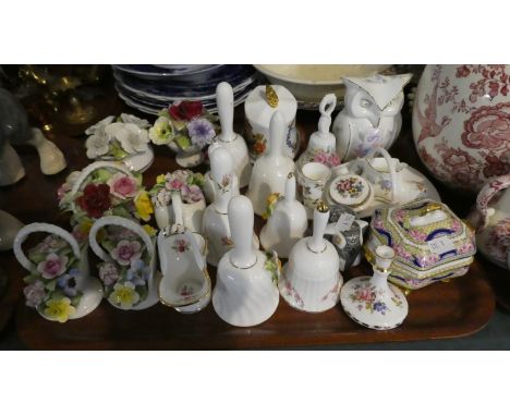 A Tray Containing Various Royal Doulton and Other Posy Ornaments, Ceramic Bells, Aynsley Sweet Heart Owl etc 