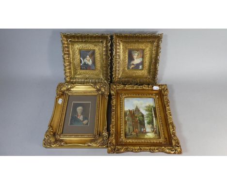 A Collection of Three Gilt Framed Portrait Miniatures, Prints and Textured Print of Town Street 