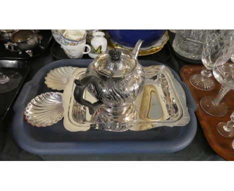 A Silver Plated Teapot, Silver Plated Entree Dish and Two Shell Dishes 