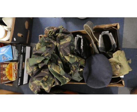 A Box Containing Army Camouflage Uniform, Beret, Boots Etc 