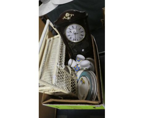 A Tray Containing Various Ceramics, Quartz Wall Clock, Wicker Wall Hanging Shelf etc 