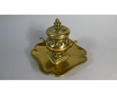 A French Brass Desk Top Inkwell with Ceramic Liner in the form of a Two Handled Vase, 12cm High 