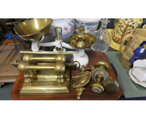 A Tray Containing Brass Mounted Kitchen Scales with Weights, Pair of Fire Dogs, Door Handles, Brass Knocker and Letter Box et