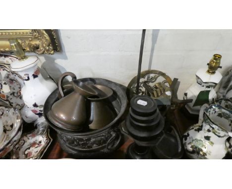 A Tray of Metalwares, Copper Measures, Kitchen Scales with Weights, Brass Planter etc 