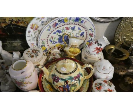 A Tray of Ceramics to Include Masons Regency Meat Plate, Minton Haddon Hall Meat Plate, Decorated Teapot, Various Tea caddies