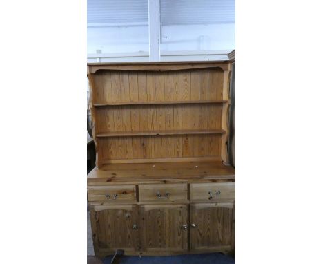 A Modern Pine Kitchen Dresser with Three Drawers Over Cupboard Base, Two Shelf Plate Rack, 140cm Wide 