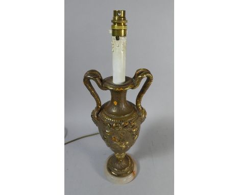 A Brass Effect Table Lamp on Onyx Base in the Form of a Two Handle Vase, 50cm High 