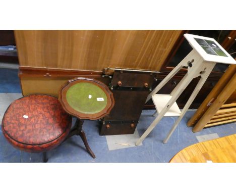 A 1960's Circular Three Legged Stool, Small Wine Table, Trouser Press and Tile Topped Plant Stand 