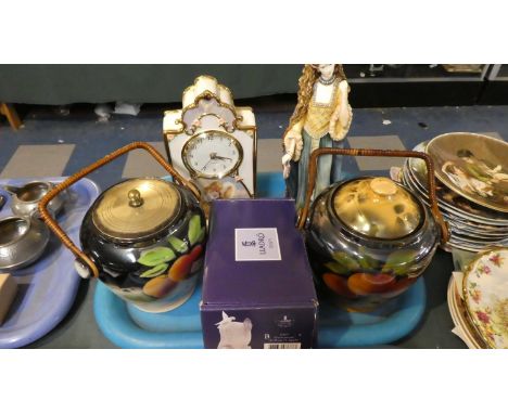 Two Continental Ceramic Biscuit Barrels, Timeless Treasures Ceramic Mantle Clock, Regency Arts Celtic Princess Figure and Lla