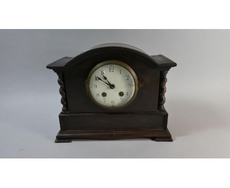 An Edwardian Oak Mantle Clock with Barley Twist Pilasters, 29cm Wide 