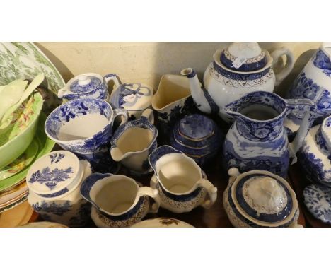 A Tray of Blue and White Ceramics to Include Adams Jugs and Tankards, Sadler Tea Caddy, Royal Doulton Old Willow Coffee Pot, 