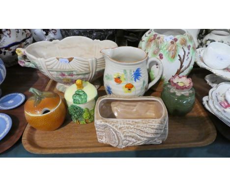 A Tray of Ceramics to Include Woods Garden Wall Two Handled Planter, Sylvac Vase, Woods Hand Painted Jug, Shorter Preserve Po