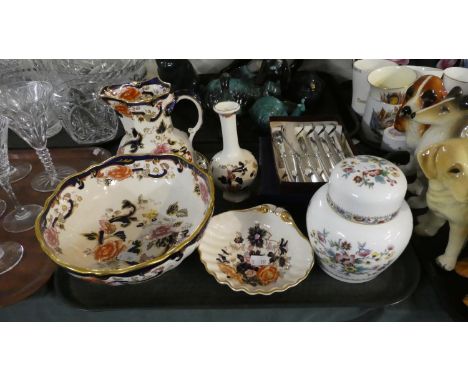 A Tray of Masons Mandalay to Include Jug, Footed Bowl, Shell Dish, Vases etc Together with Coalport Ming Rose Tea Caddy and S