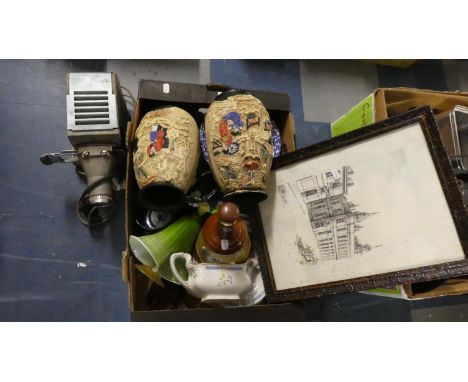 A Box Containing Cyples Old Pottery Vases, Blue and White Plates, Wade Decanter, Floral Dinnerwares etc Together with a Slide