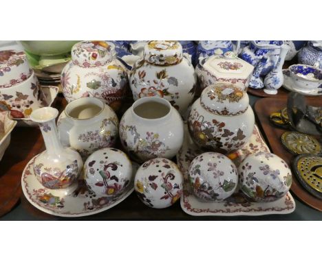A Tray of Masons Harvest Gold to Include Three Ginger Jars, Four Pomanders, Vases, Tea Caddy etc 