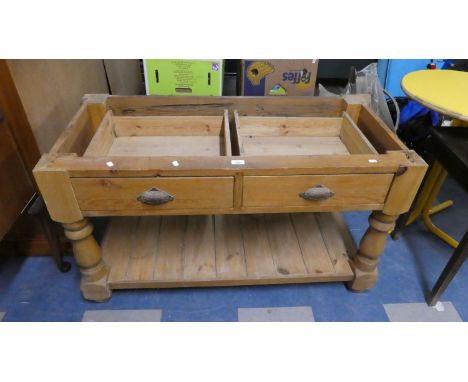 A Pine Two Drawer Butchers Block Base with Stretcher Shelf, 116cm Long 