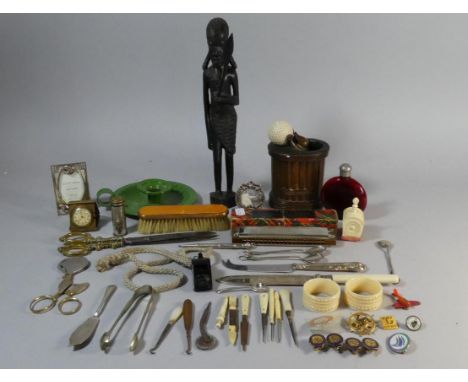 A Tray of Curios to Include Carved African Figure, Acme Thunderer Whistle, Enamelled Badges, Ruby Glass Scent Bottle, Miniatu